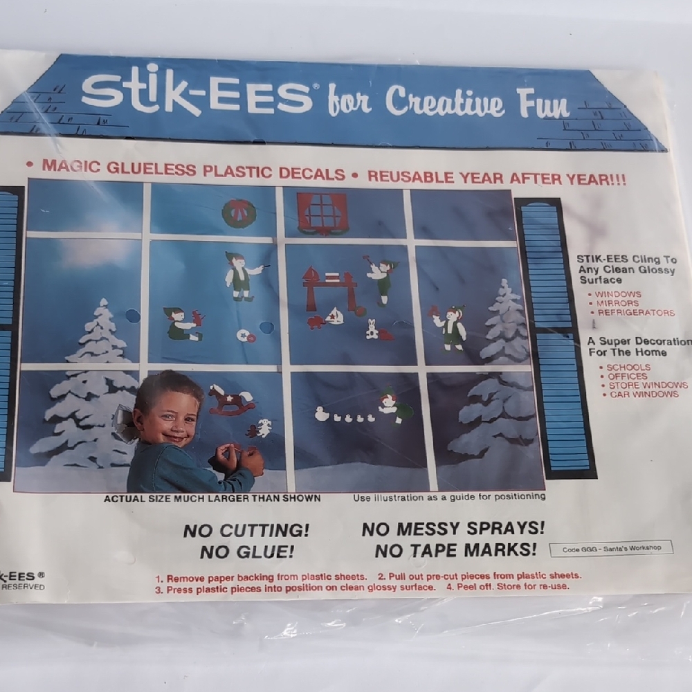 Vtg Stik-EES Vinyl Christmas Window Decals Clings SANTA'S WORKSHOP Elf 1993 NIP